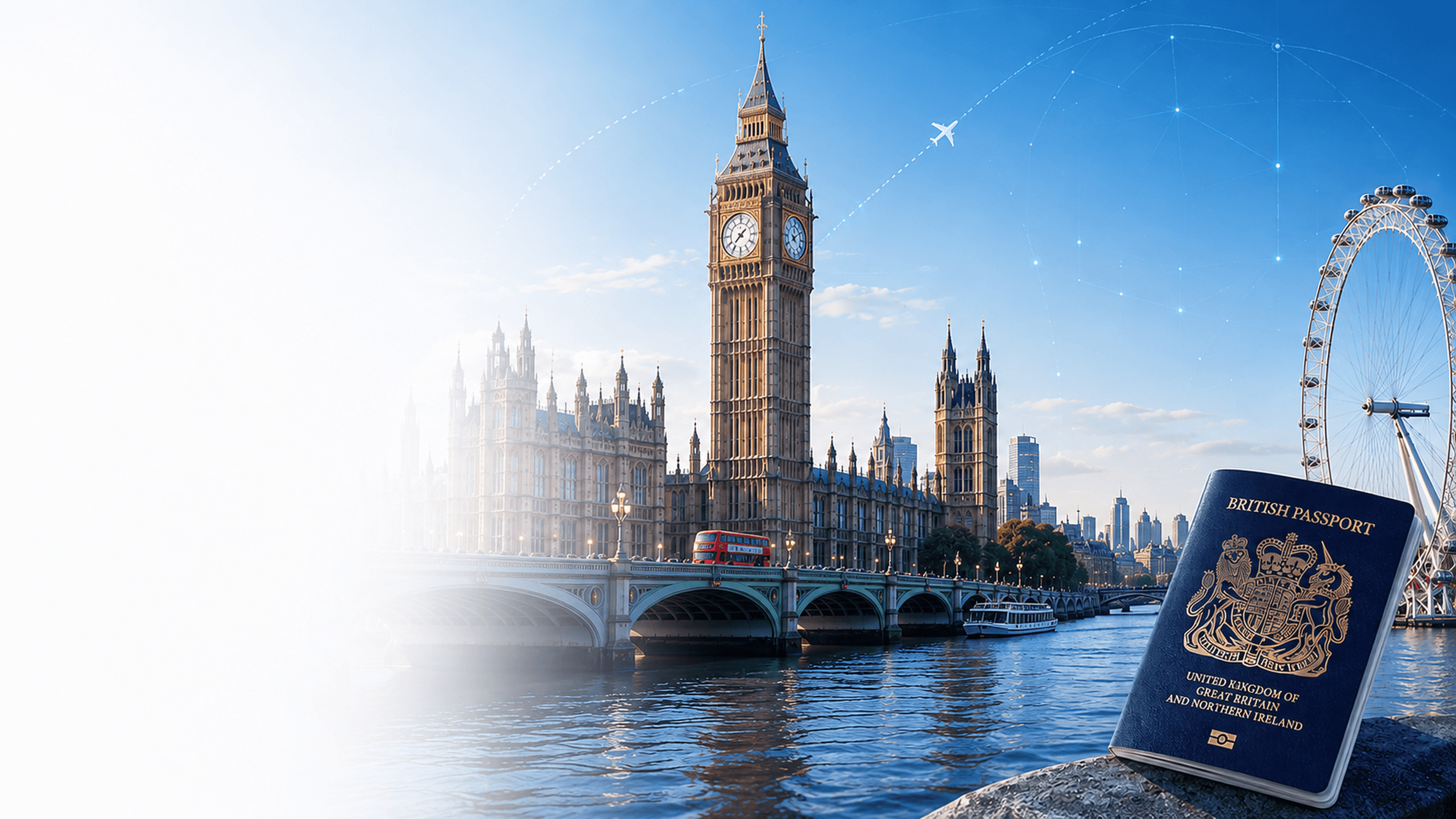London skyline with Big Ben, digital immigration indicators and passport artwork